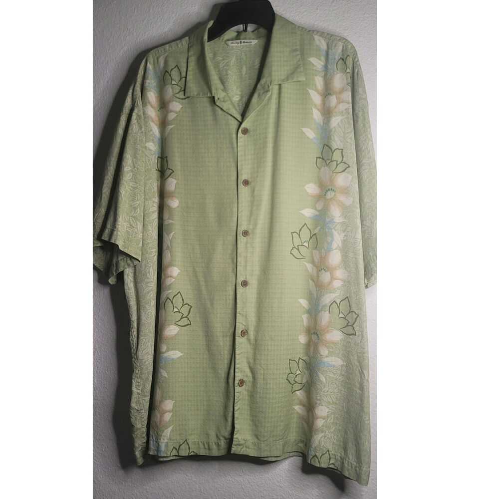 Green Tommy Bahama Hawaiian Shirt 100% Silk Tropical Floral Coconut Buttons 2XL
